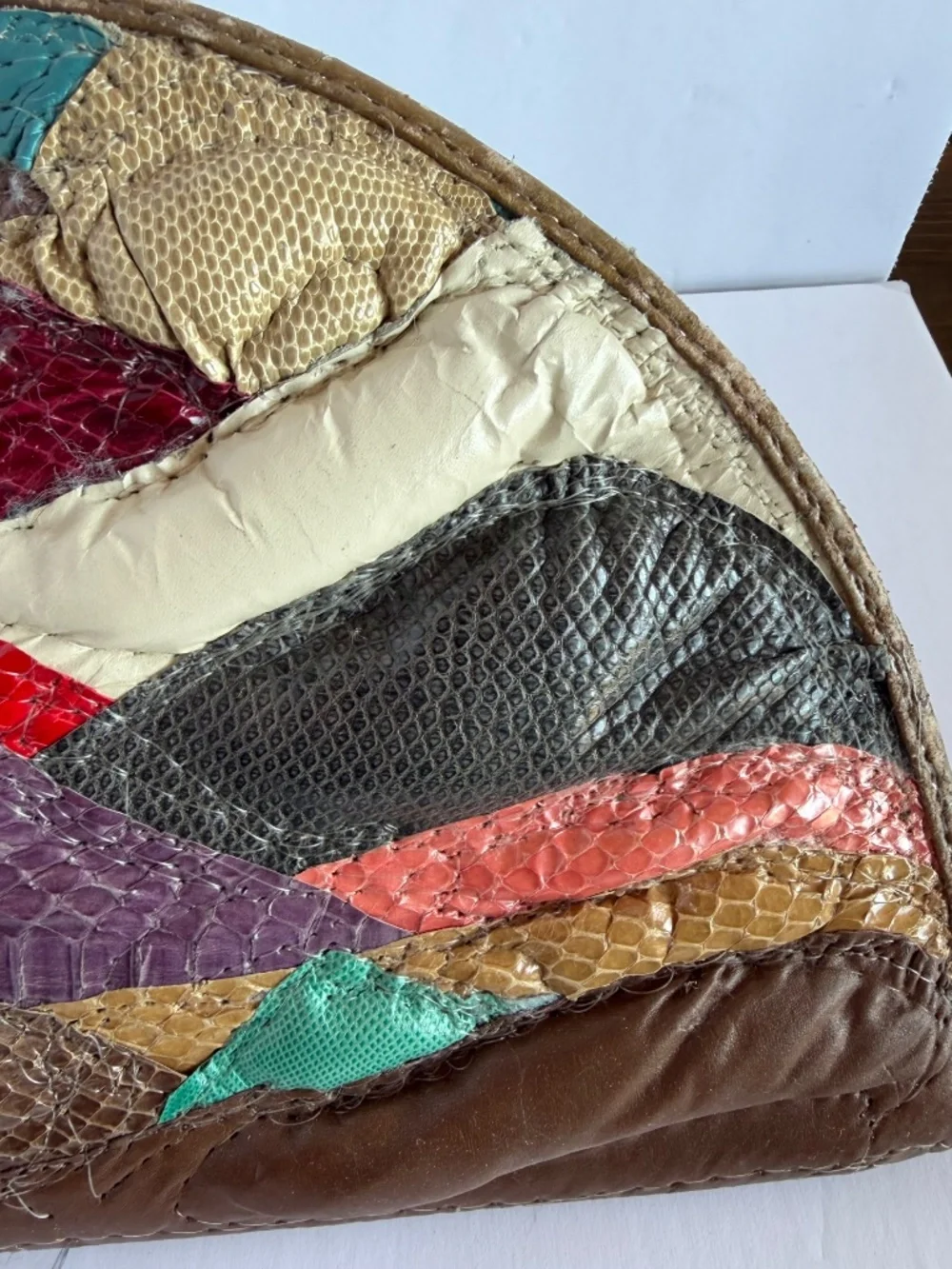 Vintage Clutch Made of a Collage of Leather & Dyed Reptile Pieces